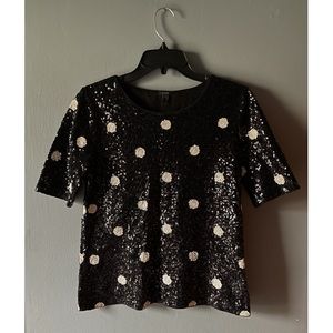 J. Crew black sequin top with white polka dots size xs
